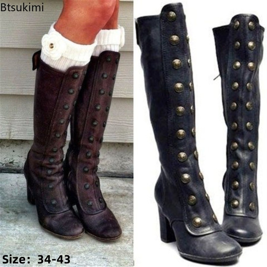 Knee High Boots Women - Retro Black Fashion Rivet Decor Boots