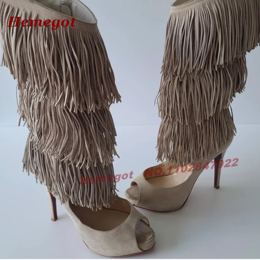 Tiered Fringe Peep‑Toe High He - Knee High Boots Women ulasan dan harga