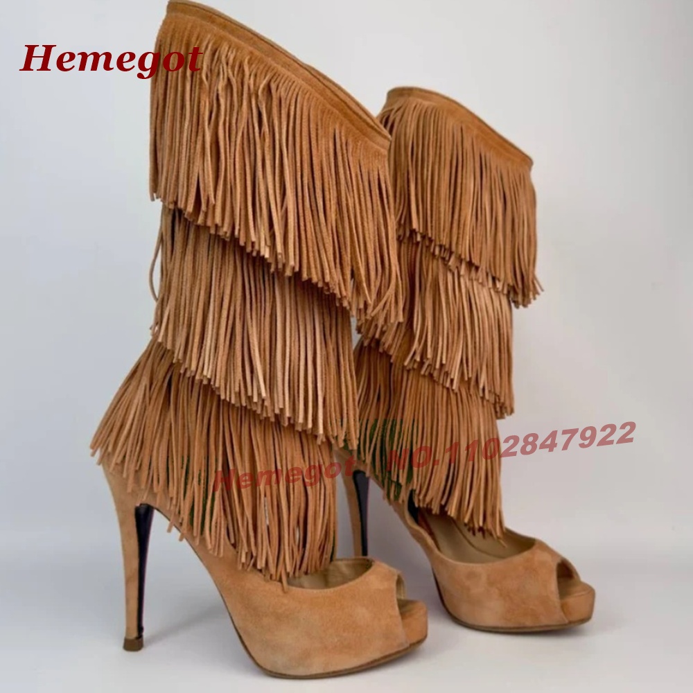 Tiered Fringe Peep‑Toe High He - Knee High Boots Women ulasan dan harga