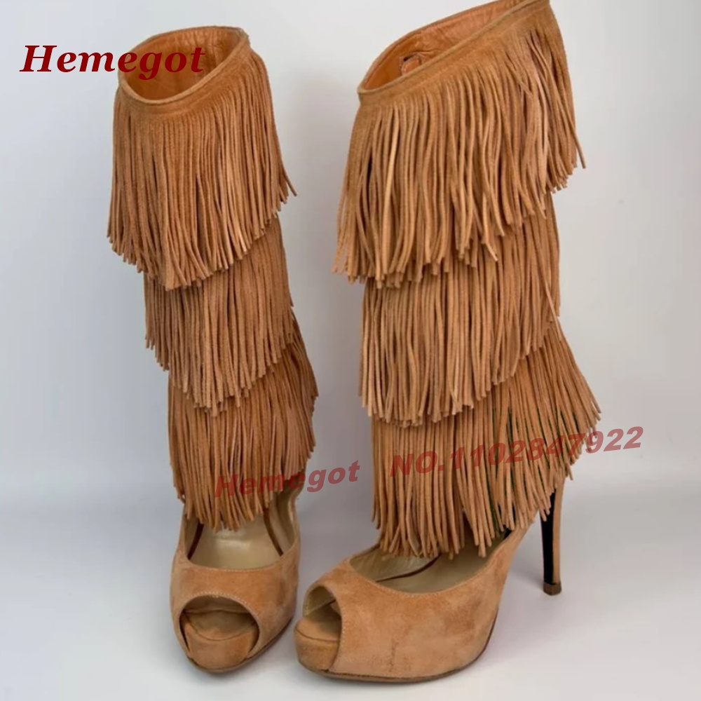 Tiered Fringe Peep‑Toe High He - Knee High Boots Women ulasan dan harga