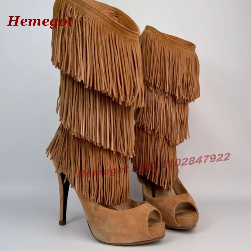 Tiered Fringe Peep‑Toe High He - Knee High Boots Women ulasan dan harga