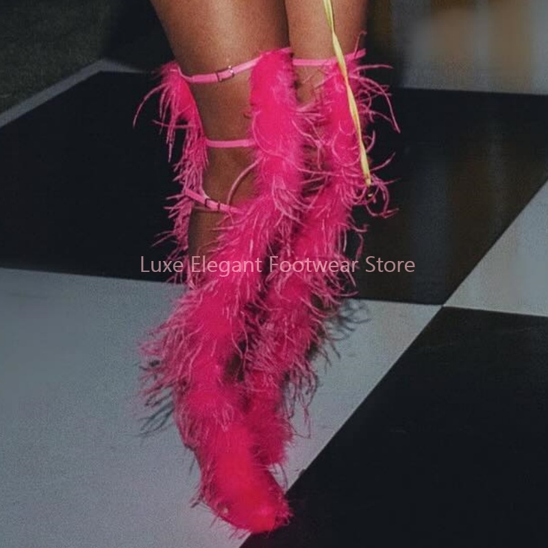 Pink Feather Strappy Hollow Bu - Knee High Boots Women ulasan dan harga