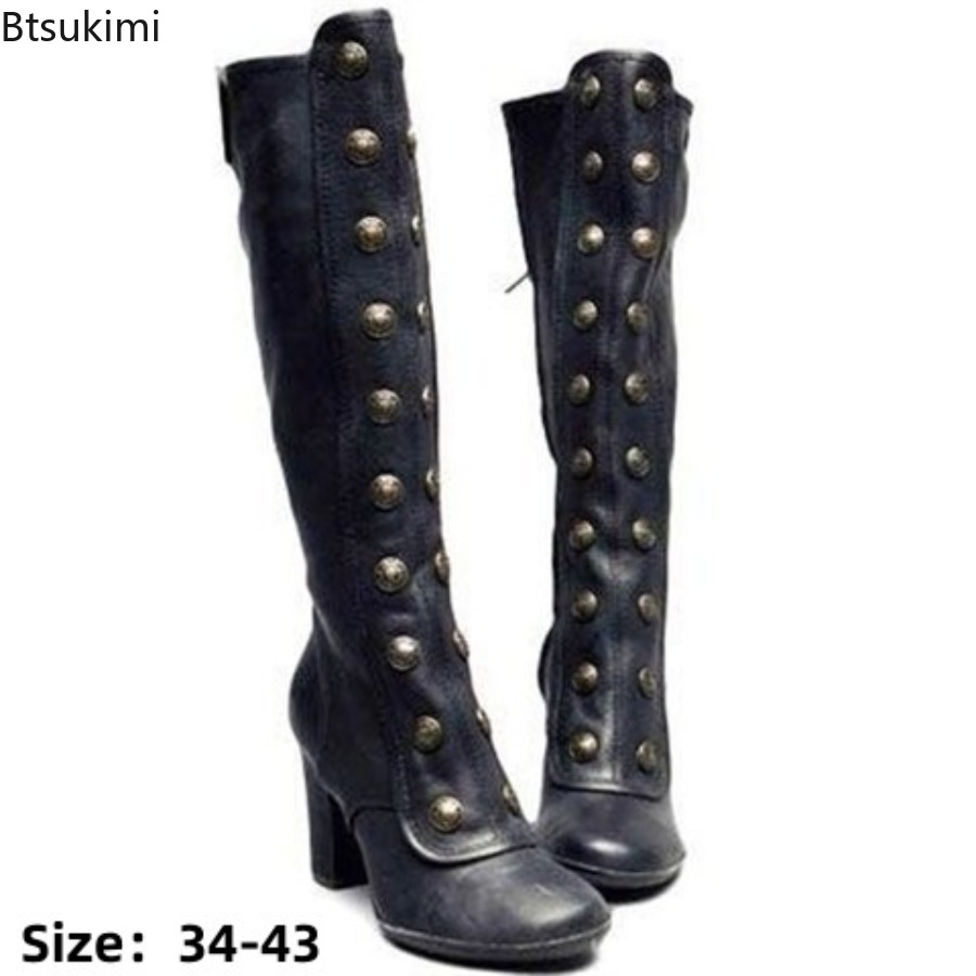 Retro Black Fashion Rivet Deco - Knee High Boots Women ulasan dan harga
