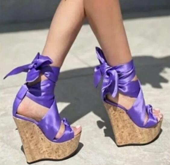 Sweet Pink White Plaid Silk We - Cork Wedge Sandal ulasan dan harga