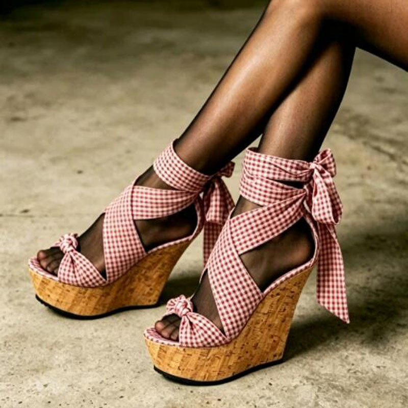 Sweet Pink White Plaid Silk We - Cork Wedge Sandal ulasan dan harga
