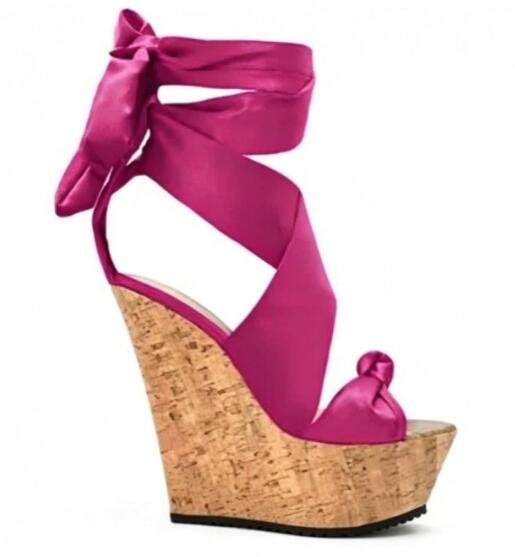 Sweet Pink White Plaid Silk We - Cork Wedge Sandal ulasan dan harga