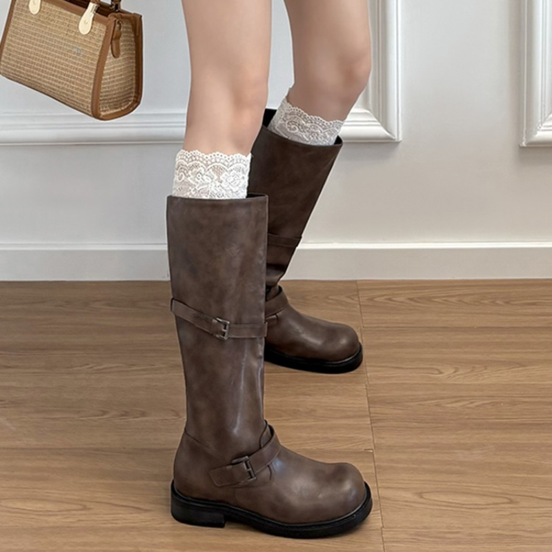 Vintage Belt Buckle Women Knee - Knee High Boots Women ulasan dan harga