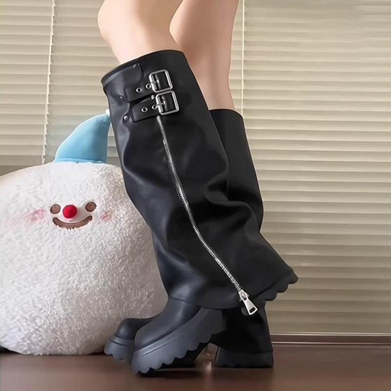 Punk Style Splicing Thick Bott - Knee High Boots Women ulasan dan harga
