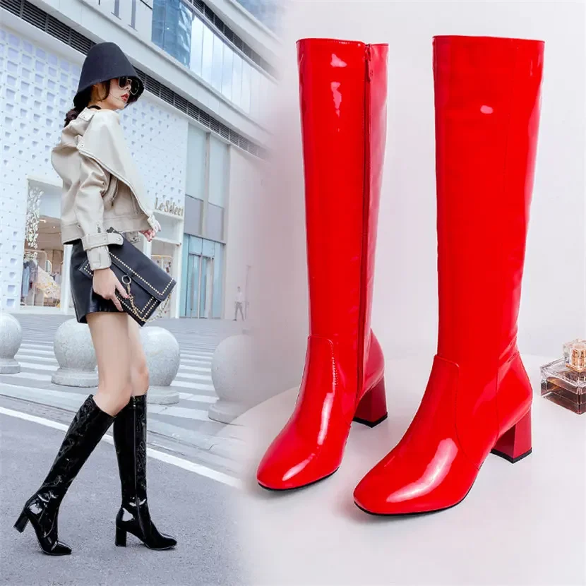 Red White Patent Leather Women - Knee High Boots Women ulasan dan harga